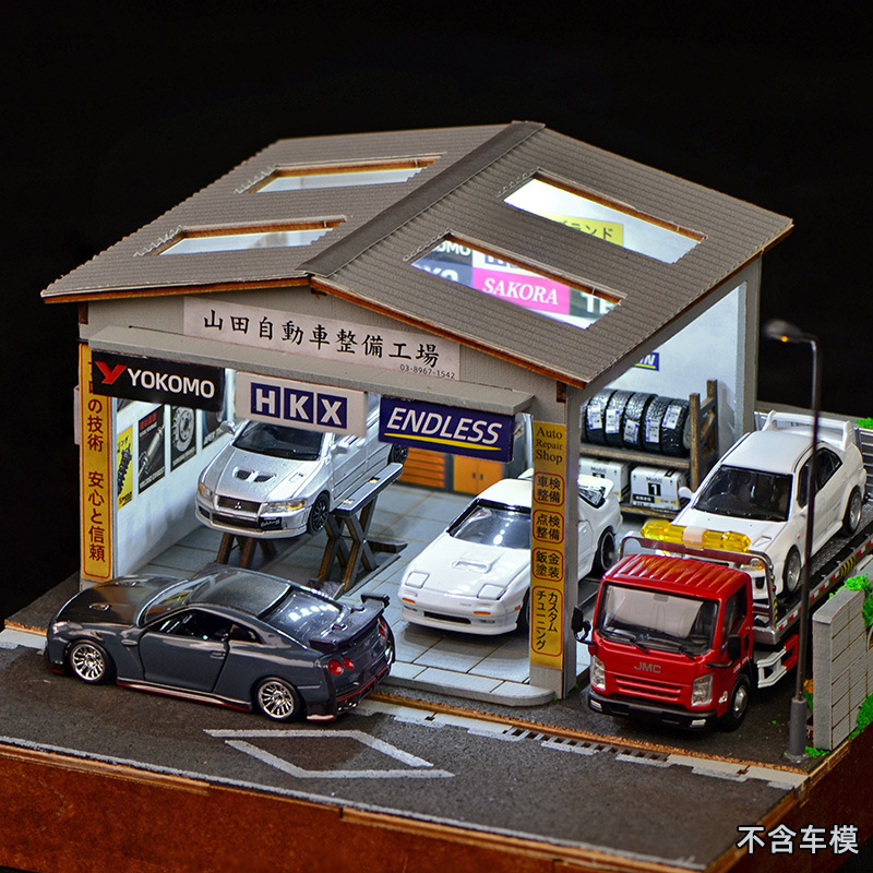 Car Ambient Lighting 18 In 1 - ชุดประกอบฉากจำลองอู่ซ่อมรถยนต์ขนาด 1:64 พร้อมไฟ LED, โรงรถขนาดจิ๋วสำหรับจัดแสดงรถโมเดล