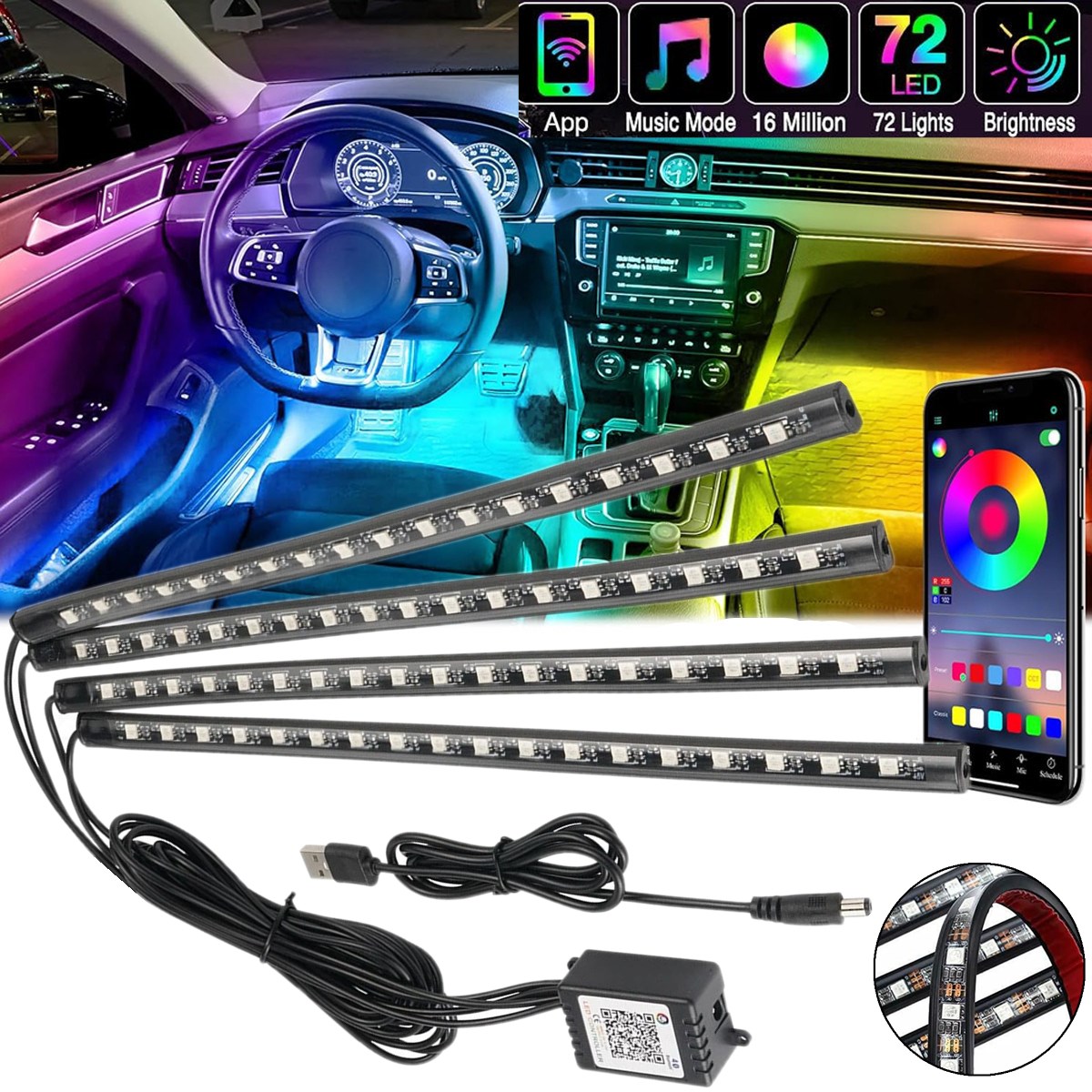Car Interior Neon Light Usb - ชุดไฟตกแต่งภายในรถยนต์ 4 ชิ้น 72 LED RGB,