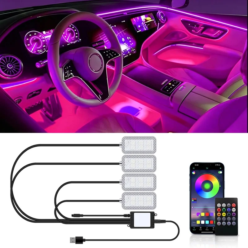 Car Ambient Light Kit With Remote - ไฟแถบ LED นีออนสำหรับตกแต่งภายในรถยนต์ ไฟส่องเท้า ไฟท้าย ควบคุมด้วยรีโมท