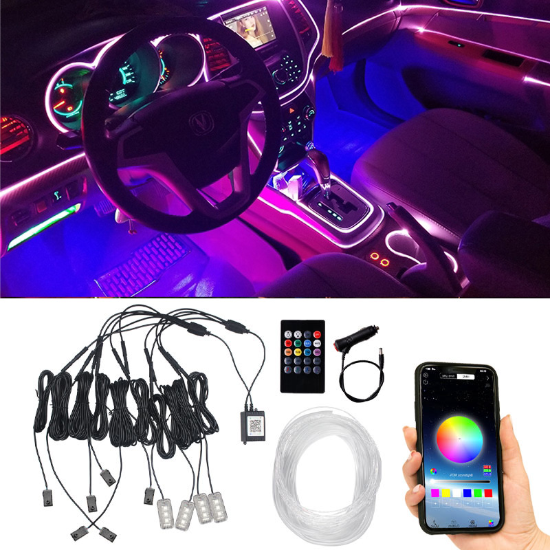 Car Dashboard Light Fiber Optic - อุปกรณ์ตกแต่งภายในรถยนต์ 9/10in1 ไฟ LED RGB สร้างบรรยากาศแสงเย็น