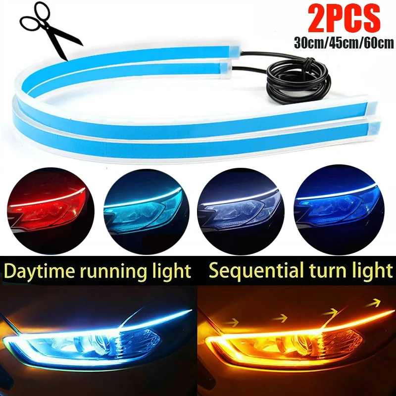 Car Led Strip 12V Waterproof - 2Pcs 12V LED Guide Strip ไฟหน้าสําหรับรถวิ่งกลางวันไฟเลี้ยวสัญญาณหลอดไฟ