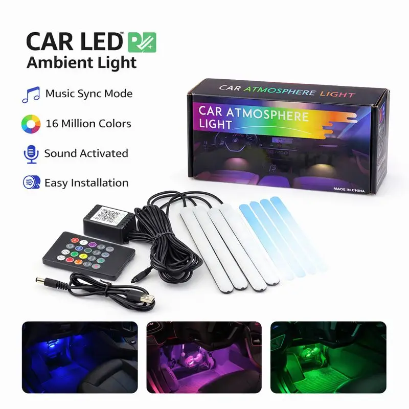 Car Ambient Light Sound Activated - ไฟ LED สำหรับพื้นรถยนต์, ระบบเสียงเพลง RGB ที่สามารถควบคุมได้,