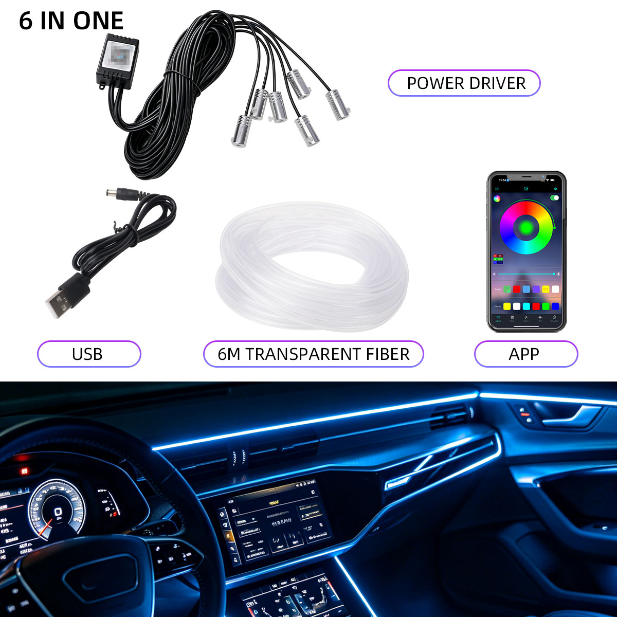 Car Dashboard Light Fiber Optic - ไฟเส้นใยแก้วนำแสงตกแต่งภายในรถยนต์ 4/5/6in1 ควบคุมผ่านแอปพลิเคชัน ไฟนีออนตกแต่งแผงหน้าปัด ไฟตกแต่งภายในแบบ USB