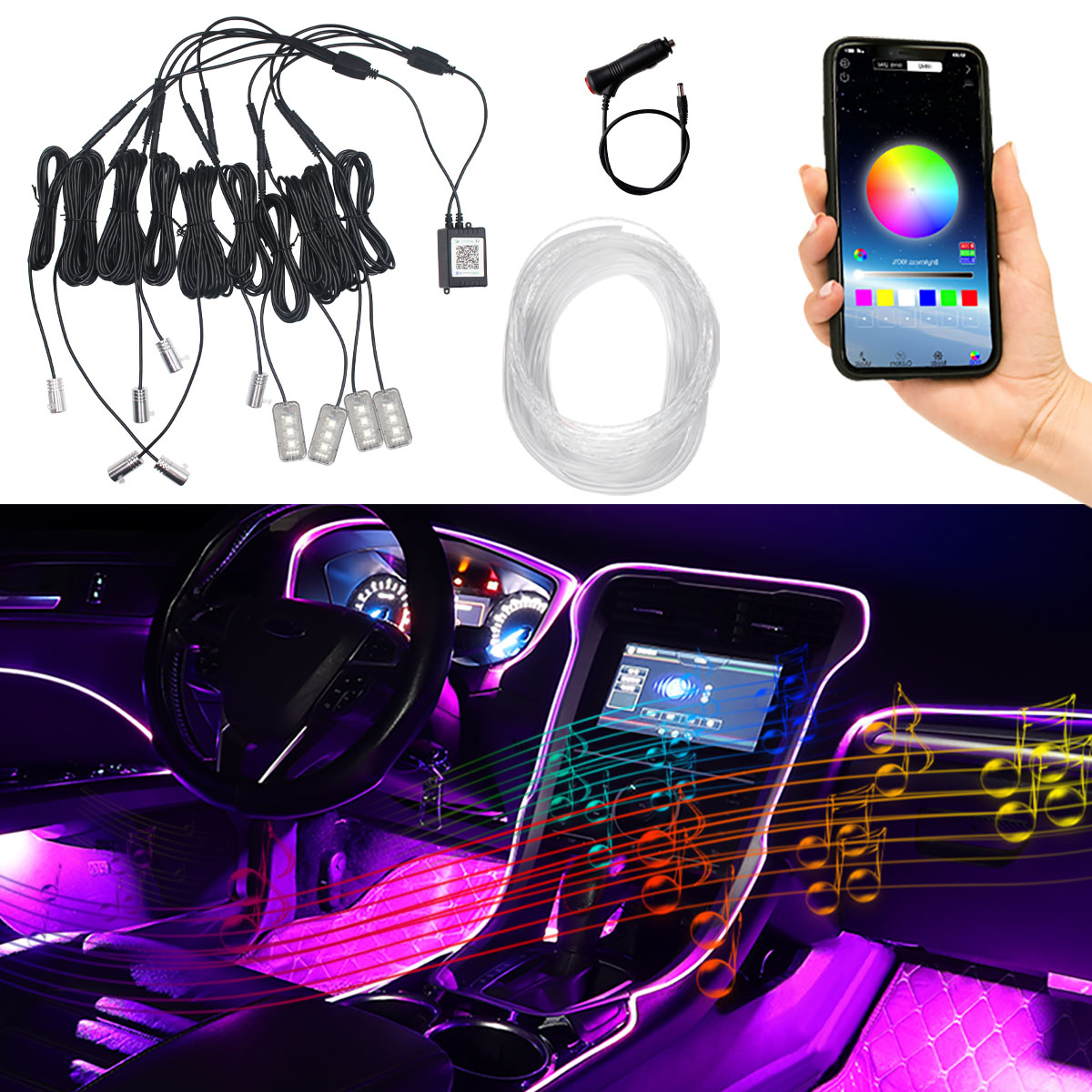 Car Dashboard Light Fiber Optic - ไฟเส้นใยแก้วนำแสง LED สำหรับตกแต่งภายในรถยนต์ แสงเย็น 6/9/10 นิ้วใน