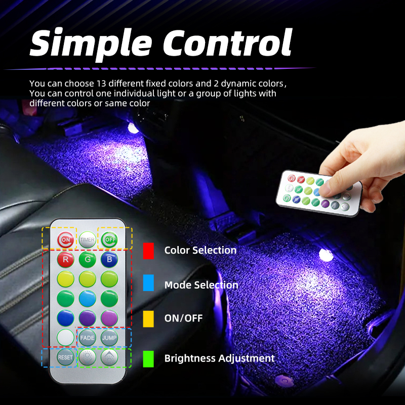 ไฟ LED ไร้สายสำหรับตกแต่งภายใน - Car Ambient Light Kit With Remote บทวิจารณ์และราคา